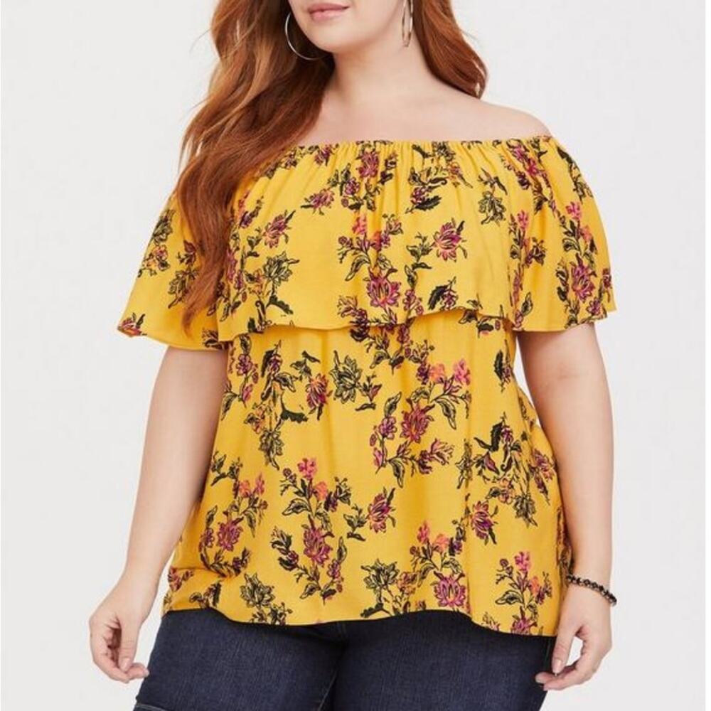 Torrid Crepe Yellow Floral Embroidered Ruffle Off the Shoulder Top‎ Size 1X